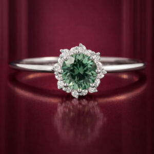 Green Stone Halo Ring in 925 Silver – Diamond Style Engagement Ring