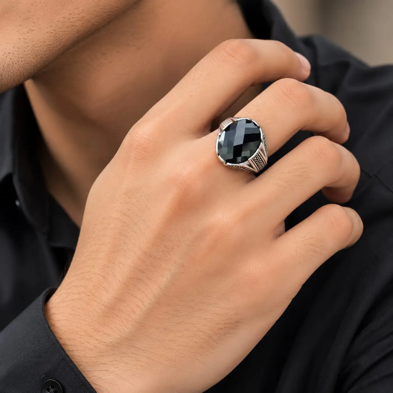 Men's Black Onyx Silver Ring 2 Men's Black Onyx Silver Ring in 925 Sterling Silver