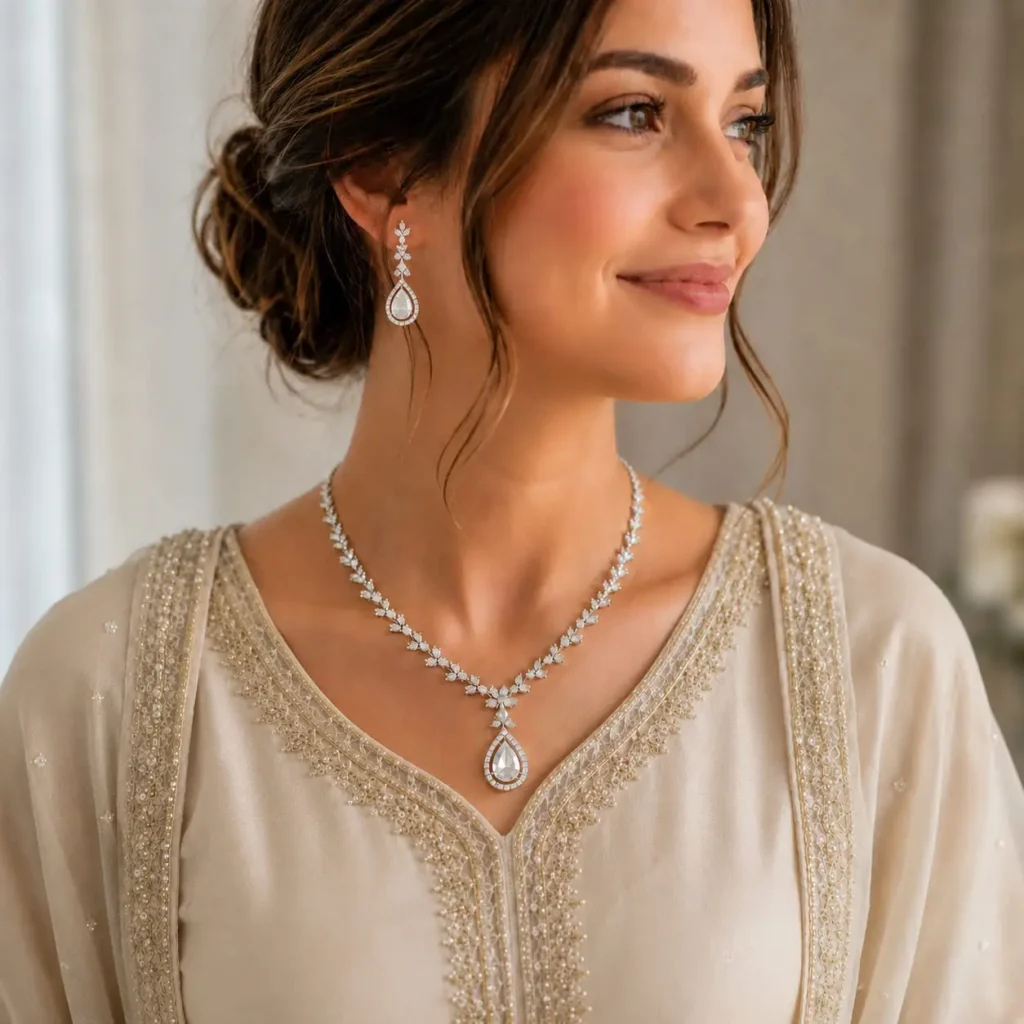 925 sterling silver necklace set worn by bride