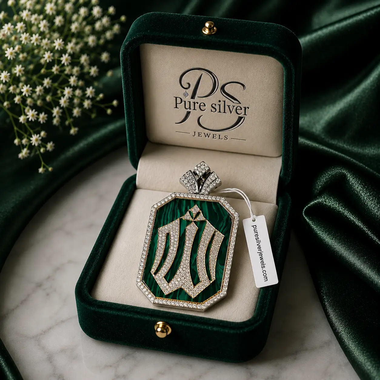 Allah Name 925 Sterling Silver Locket 3 Pure Silver Jewels pendant in green jewelry box