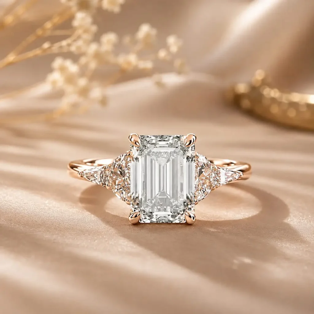Emerald cut trilogy ring in rose gold silver