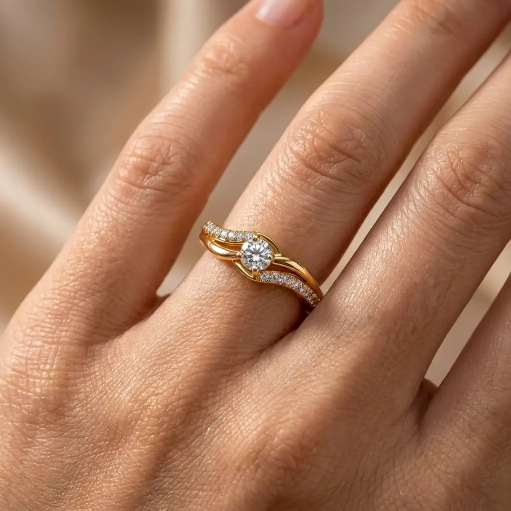 Twist Band Solitaire Silver Ring 4 Woman wearing gold plated 925 silver twist solitaire ring