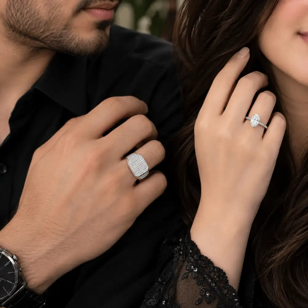 Silver Couple Ring Set 2 Silver couple ring set with pavé signet ring and oval solitaire ring