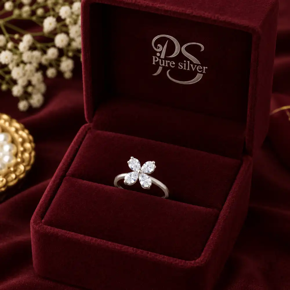 Silver flower ring with zircon petals in 925 sterling silver