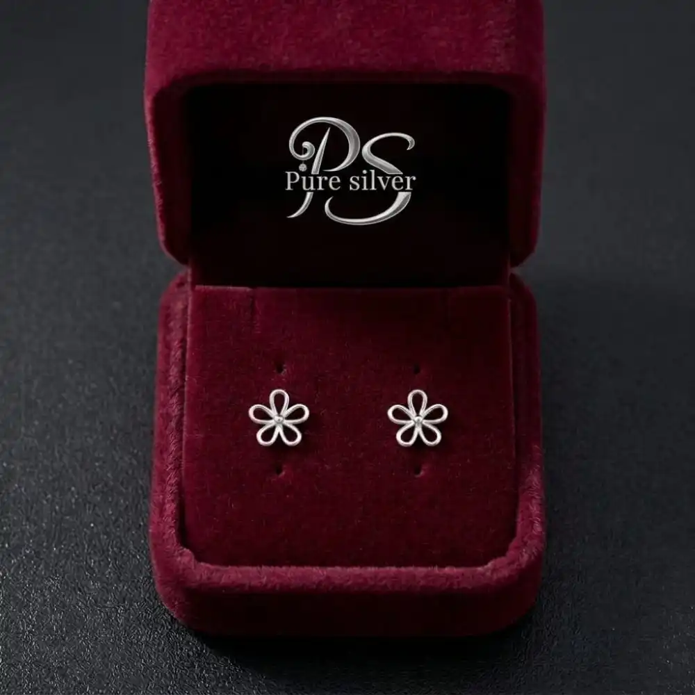 Silver flower stud earrings 925 sterling silver in velvet gift box