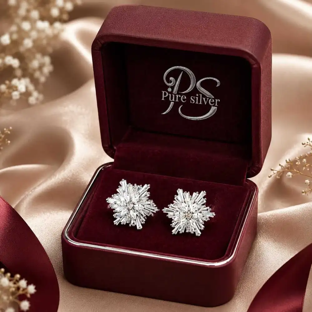 Snowflake Stud Earrings – 925 Silver 3 Snowflake Stud Earrings in maroon gift box