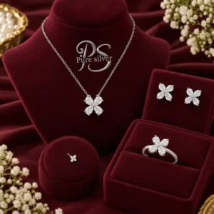 Sterling Silver Clover Jewelry Set – necklace, earrings, ring, nose pin