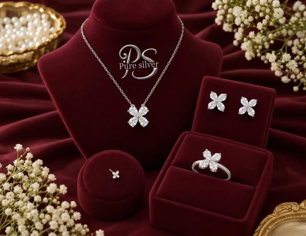 Elegant Clover Silver Jewelry Set 1 Sterling Silver Clover Jewelry Set – necklace, earrings, ring, nose pin